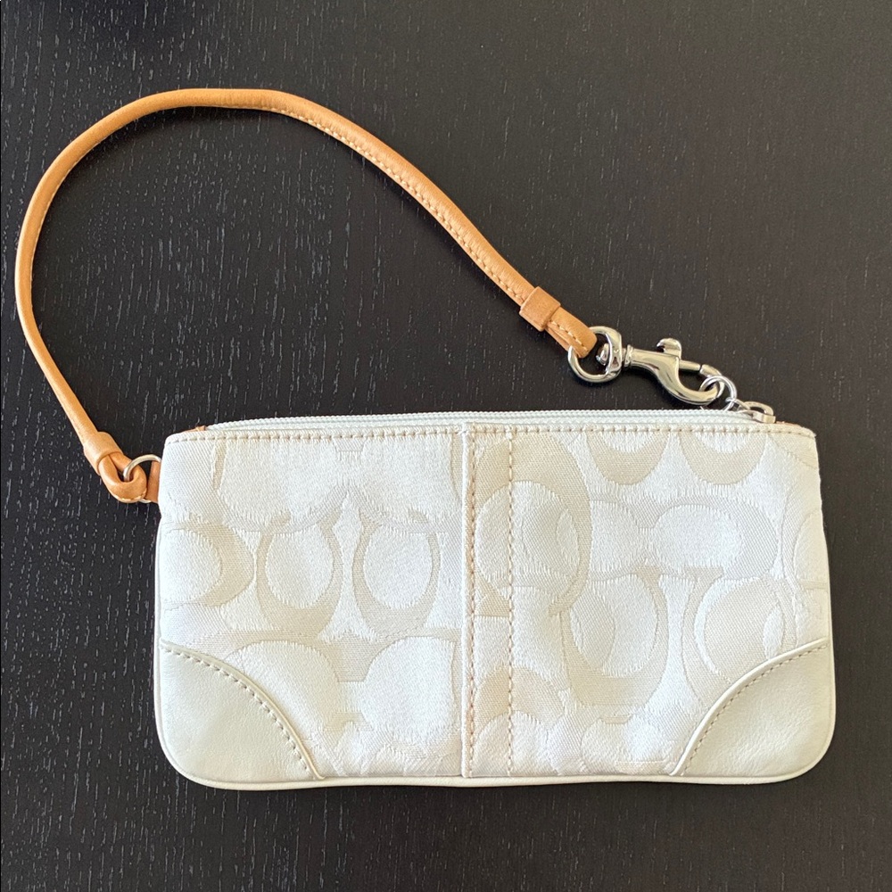 Coach Small Signature Canvas Wristlet in Off-White with Tan Strap
